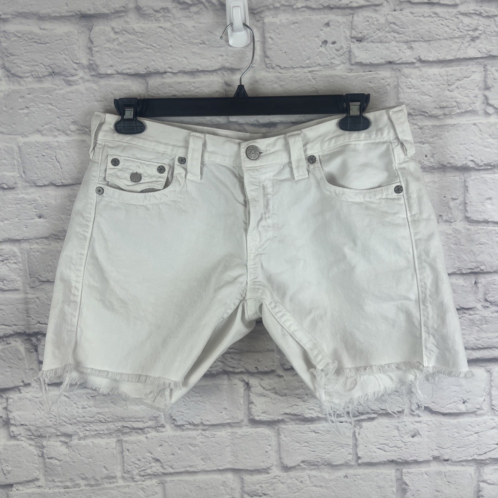 True Religion White Y2K Button Fly Raw Hem Denim Casual Jade Shorts Size  31